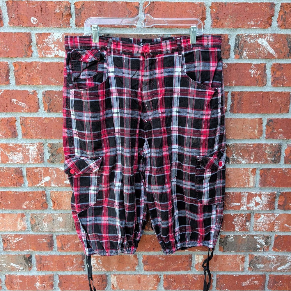 Knockout Plaid Cargo Shorts Mens 38 Red Black Tartan Long Baggy Streetwear Goth